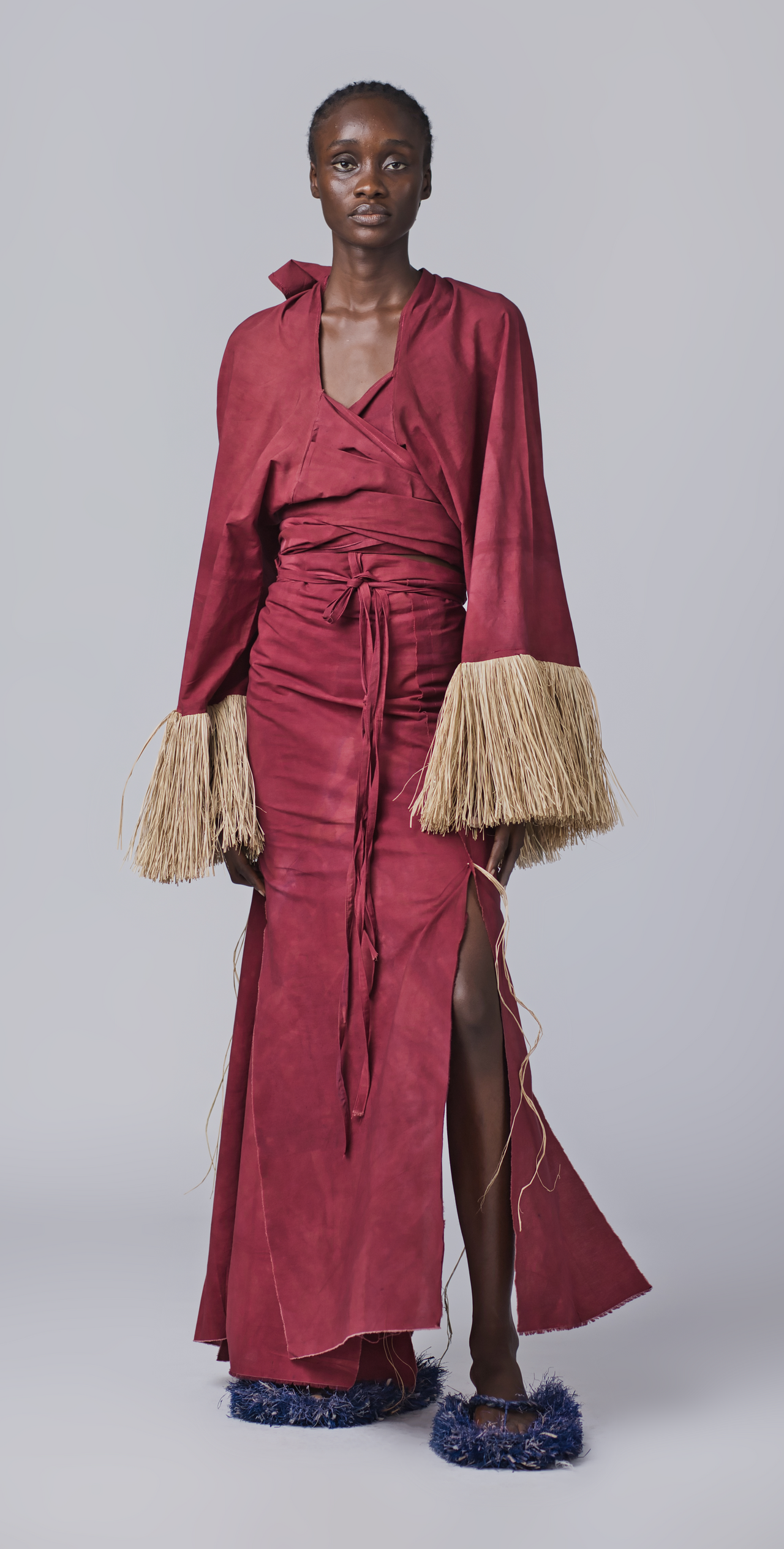 Mimi Deep Dyed Wrapped Skirt with Raffia Details (Maroon)