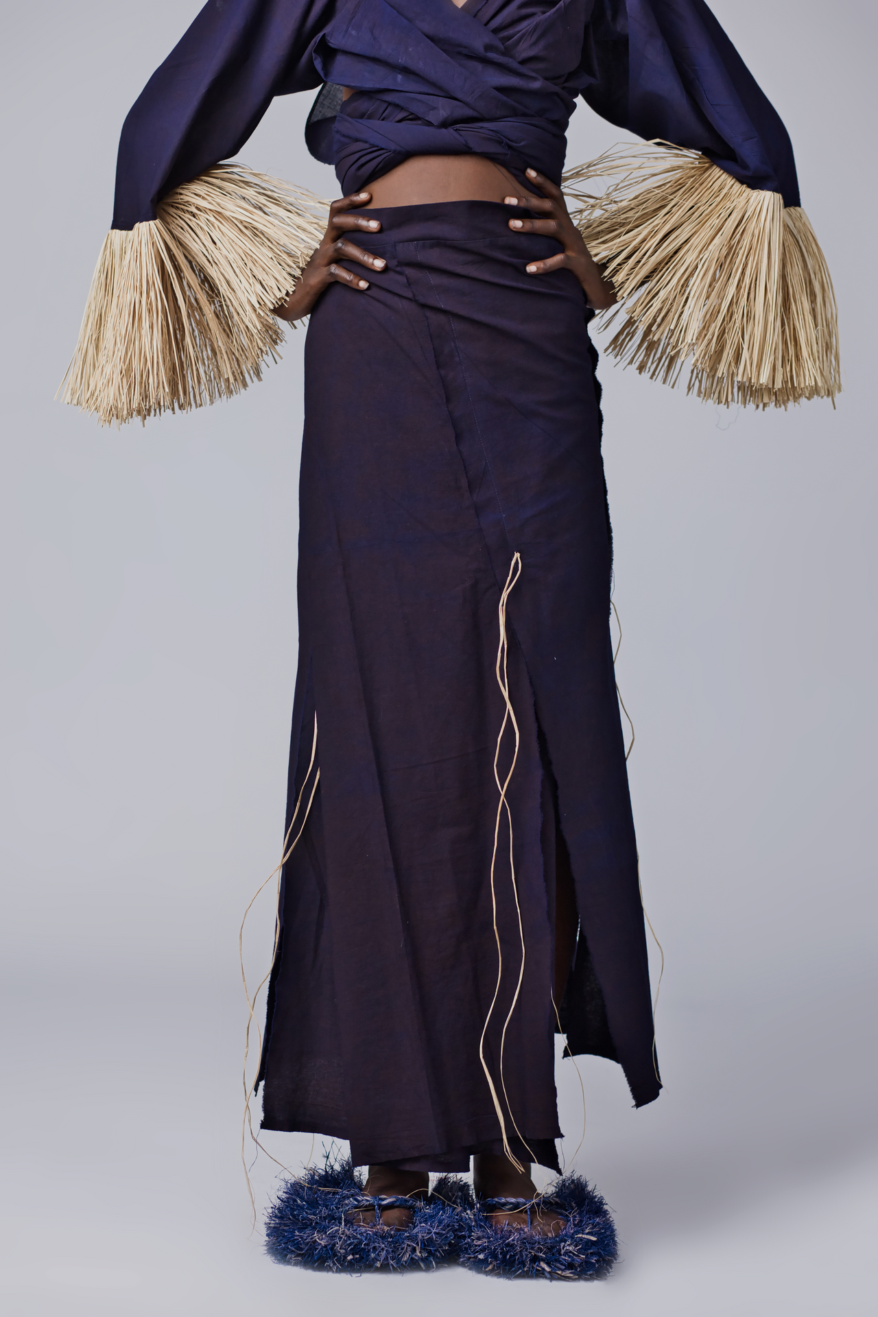 Mimi Deep Dyed Wrapped Skirt with Raffia Details (Midnight Blue)