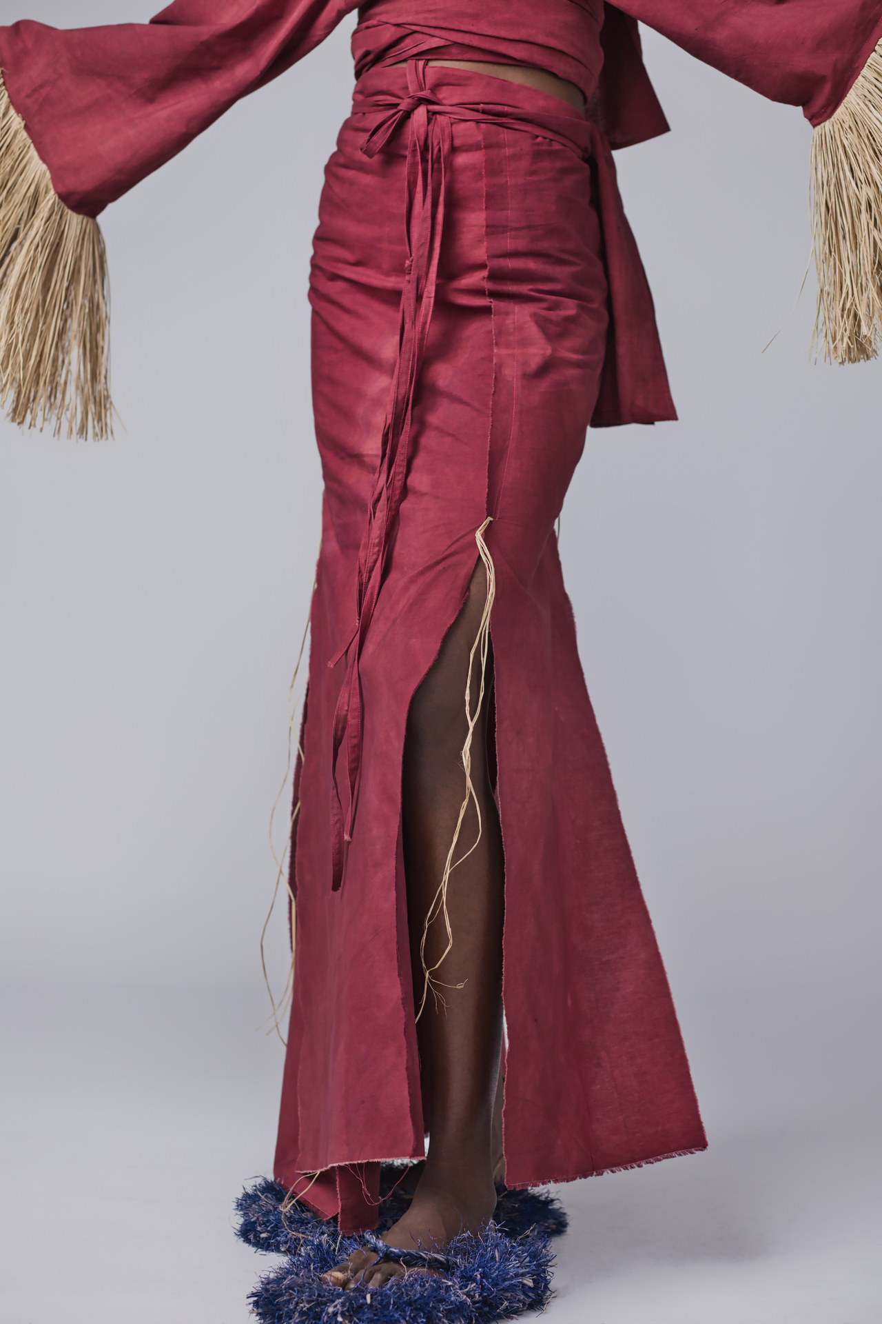 Mimi Deep Dyed Wrapped Skirt with Raffia Details (Maroon)