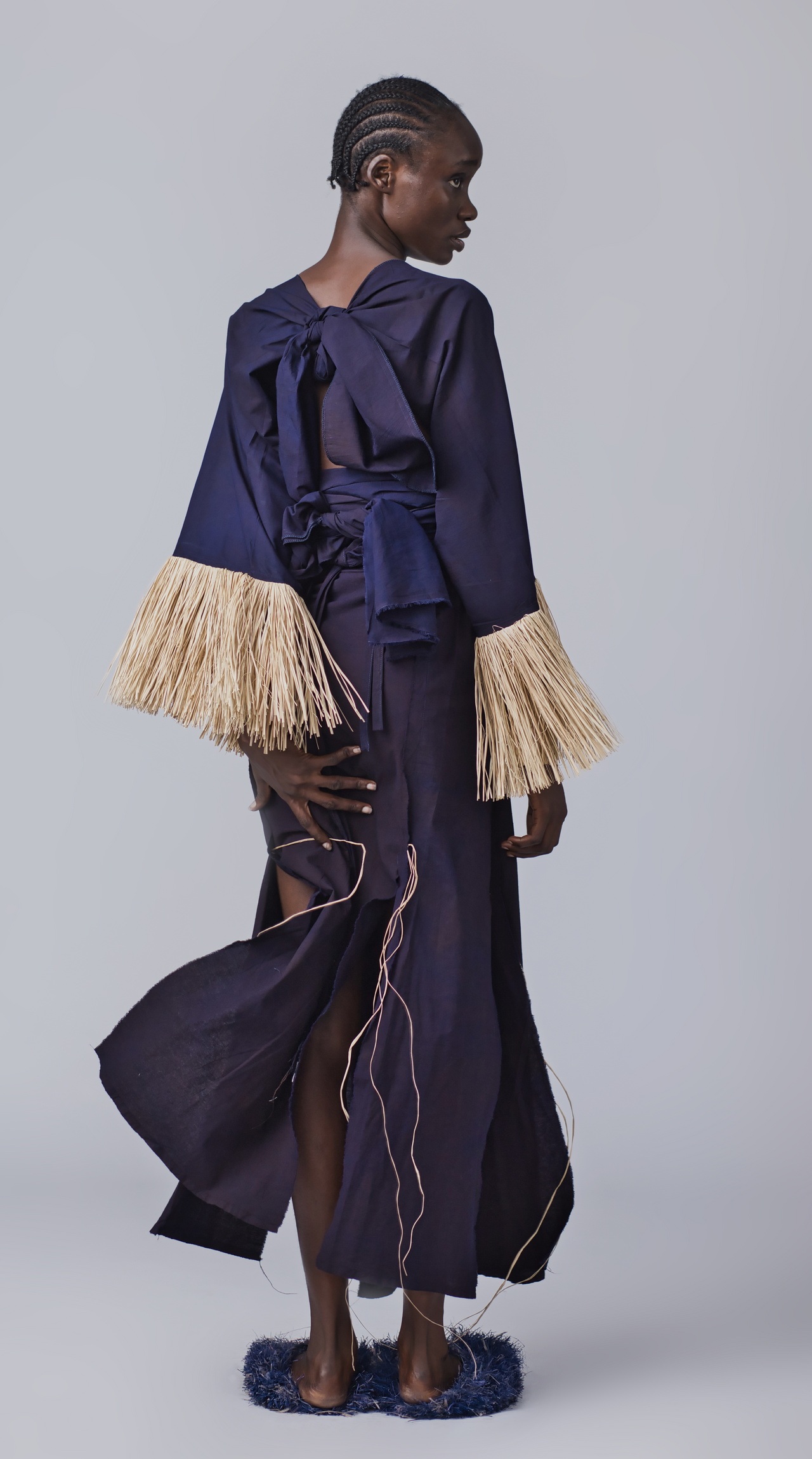 Mimi Deep Dyed Wrapped Skirt with Raffia Details (Midnight Blue)