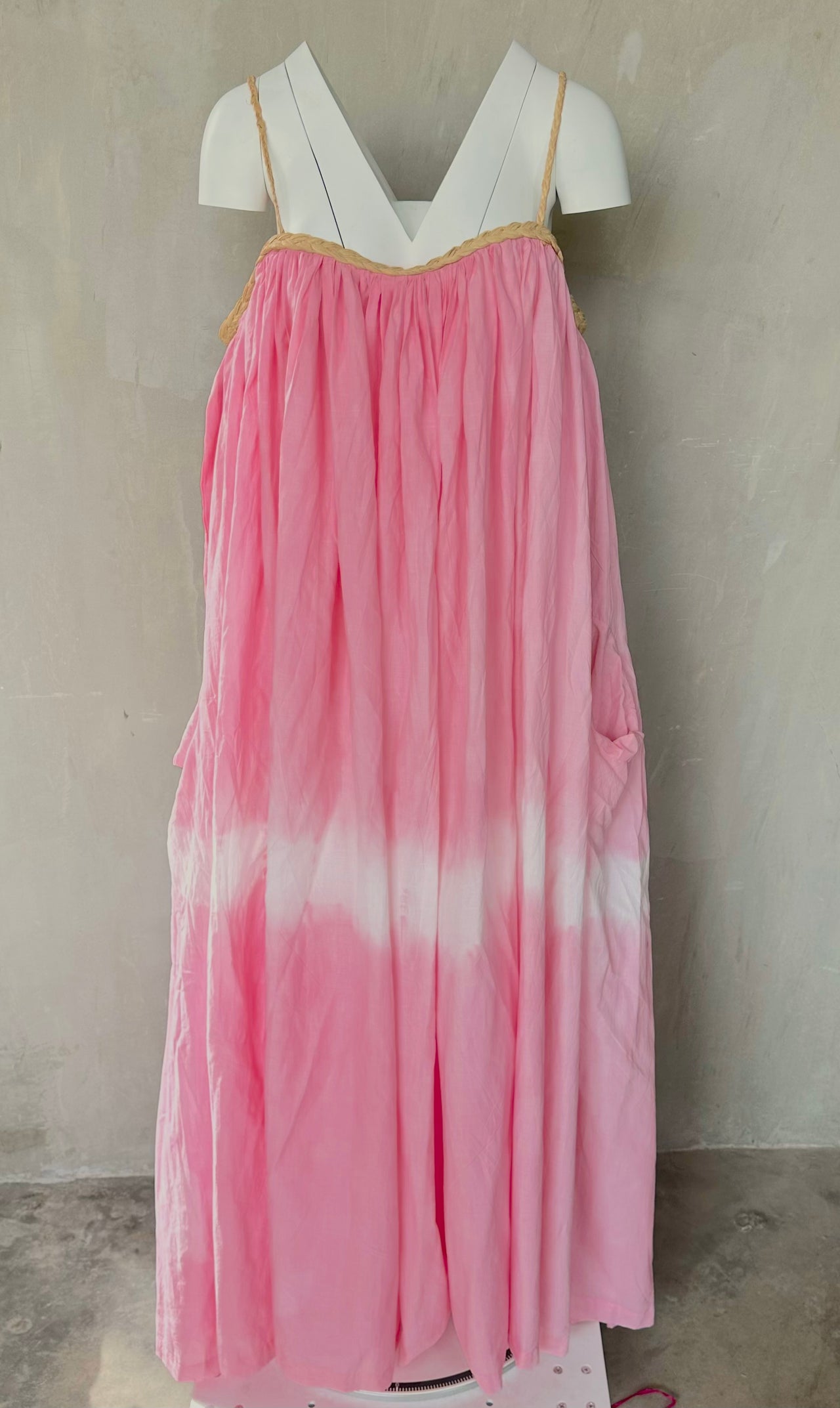 Raffia Strap Gathered Dress