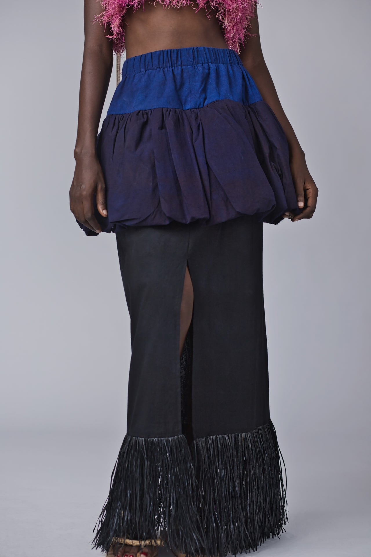 Penpen Bubble Skirt with Front Slit and Raffia Trim